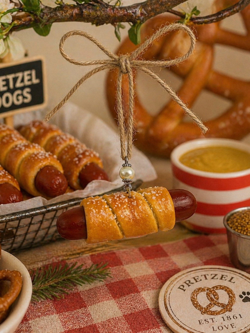 Pretzel Dog Ornament – Handmade Pretzel Wrapped Hot Dog | Food Ornament